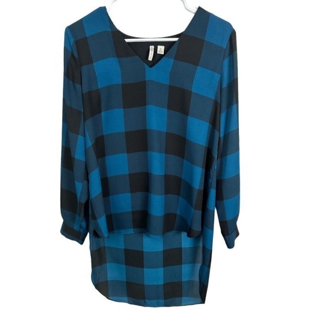 Cato Blue Black Buffalo Plaid V-Neck High‎ Low Blouse Small